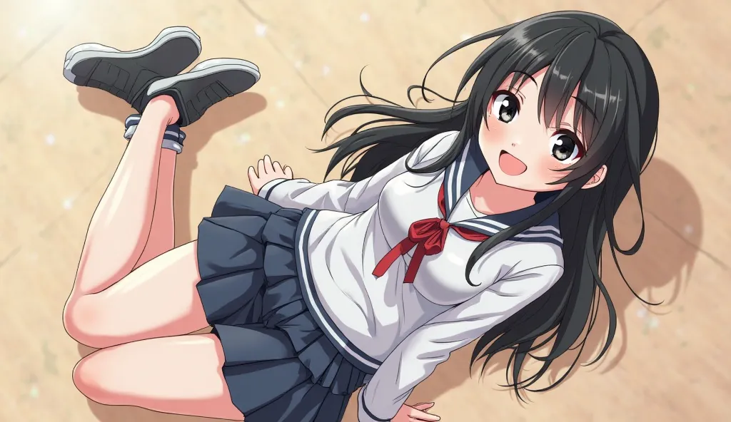 Illustration in anime style. Full body photo of 18-year-old girl wearing high school clothes, smiling brightly, eyes sparkling, hands between legs. black hair, black eyes, white skin, lying on the floor