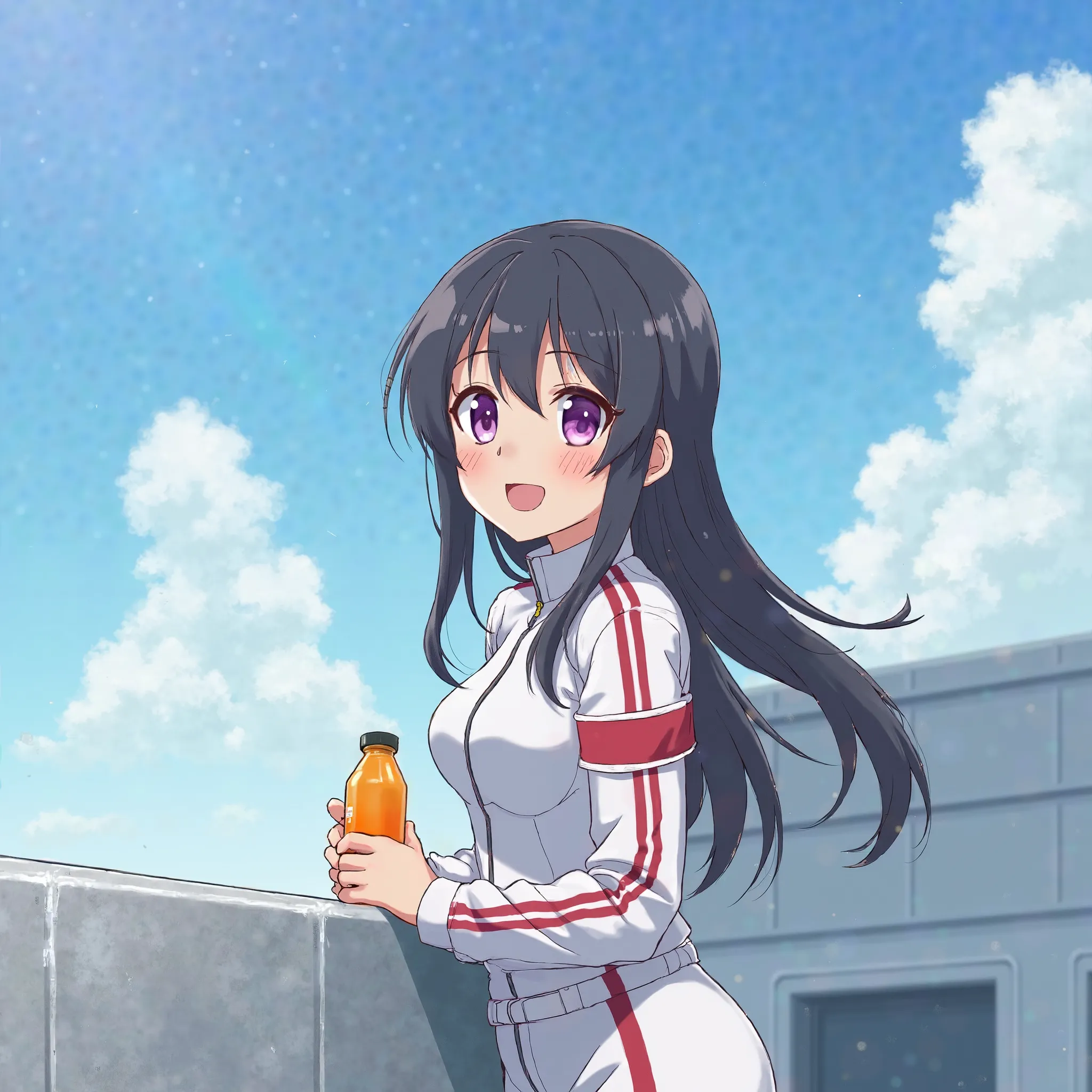 In the morning blue skies, 1girl, a young tall adult girl leaning on a wall at the garage while holding a small orange bottle juice. She wears a white pilot suit with red stripes. She had small almond eyes but glowing purple eyes, smiling with open mouth i...