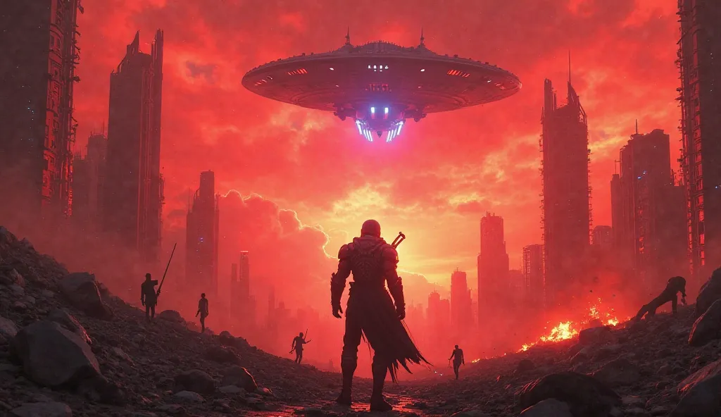 A ruined futuristic city with a blazing red sky, signifies a massive invasion.  Amid the rubble , a futuristic armored human warrior istical stand holding weapon, gazes upwards with a solemn expression. In the sky , a giant alien ship hovering with red and...