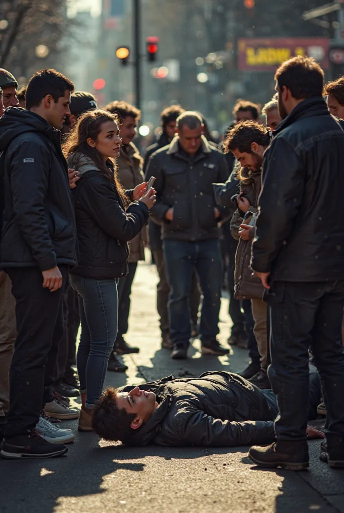 A group of people gathered around a fallen body on the pavement. Their faces show shock and fear. Some people are whispering, while others take out their phones. The city lights cast long shadows on the ground.
