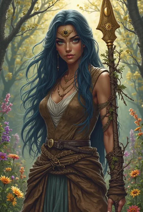 Princess, and Goddess of life, and nature.


She has slanted eyes, penetrating like a wolf.
Japonesa

Straight black blue hair, long,  dripping down her breasts.

Hunting force and ferocity.

warrior, with a sword and a bow and arrow on the back.

Carrying...