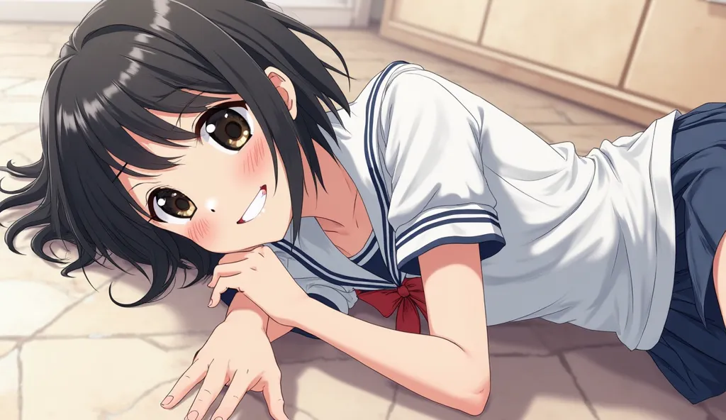 Illustration in anime style. Full body photo of 18-year-old girl wearing high school clothes, smiling brightly, eyes sparkling, hands between legs. black hair, black eyes, white skin, lying on the floor