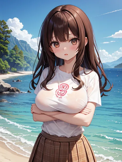 (masterpiece, top quality: 1.5), (1 girl, Alone :1.2),  (big breasts:1.4), (Cover your chest with your arms :1.4), ( cute design short sleeve shirt,  midi skirt:1.4), Standard weight, (brown hair:1.4), (Fluffy Hair, wavy hair:1.3),  long hair , asymmetrica...