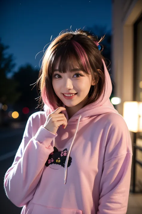 young woman with angled bangs, long hair, eyelashes, eyeliner, crew neck, hair bow, hoodie, Hello Kitty logo, sleeves over fingers, giggling, outdoors, night, 1girl, alone, parking, pink dyed hair. ultra realistic and photorealistic photography.