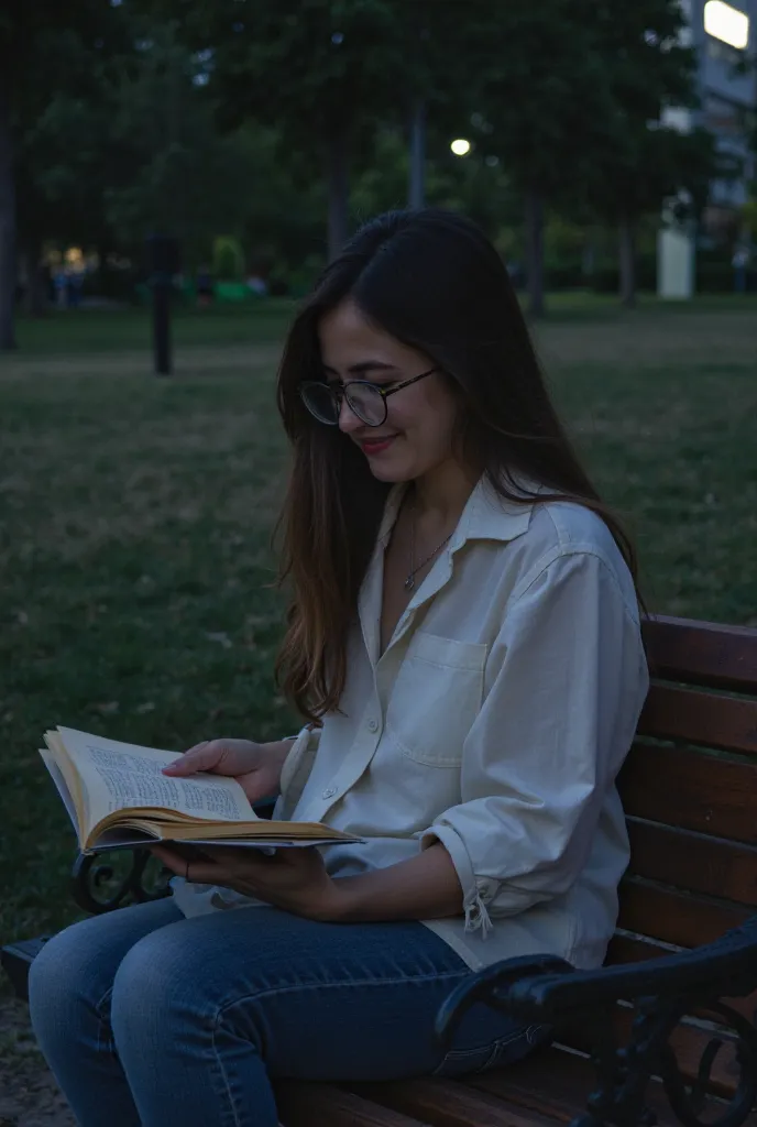 Place: Public park, bench. * Time: at night. *Events: * Laila is a girl in her mid-twenties, wearing blue jeans, a white shirt, and glasses. She is sitting on a bench in the park, thinking about what she has read. *She remembers her grandmother's wise word...