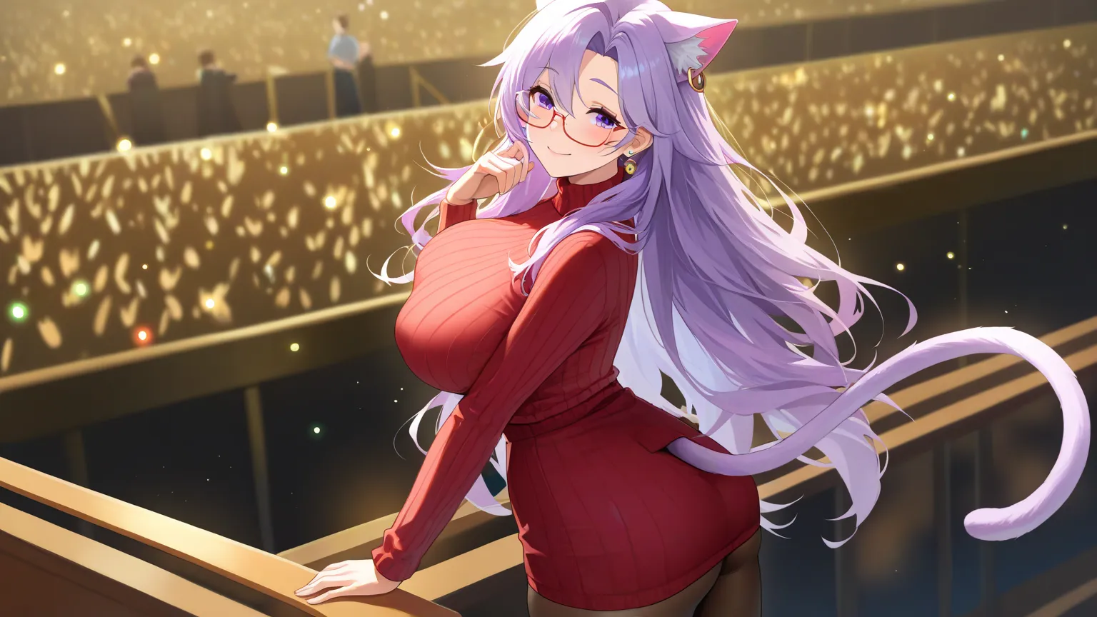  masterpiece, is best, 1 Girl, ((watching the audience)),  Lavender Hair , purple eyes,  long hair,   Ahog, sweater, sweater skirt, pantyhose, 163 cm,  hair between eyebrows,  big boobs, aldult, 33 years old,  mature,  glasses, alone, only,  Smile,  earrin...