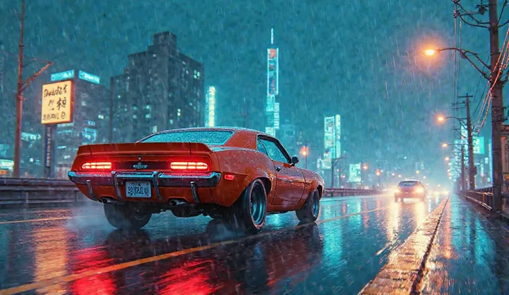 Digital illustration in a retro-futuristic and psychedelic style featuring a 70s muscle car on a highway in Tokyo under the rain, with a nostalgic atmosphere and soft neon lights in blue and orange. Pastel yet vibrant colors, defined lines, smooth gradient...