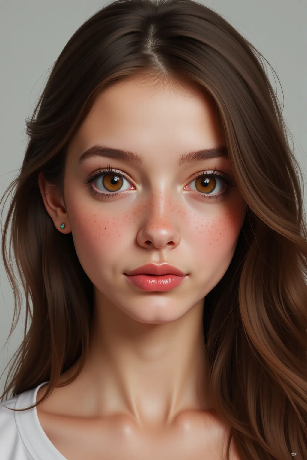 depicts a female student thin pointed nose big brown eyes hair long skin realistic with freckles 