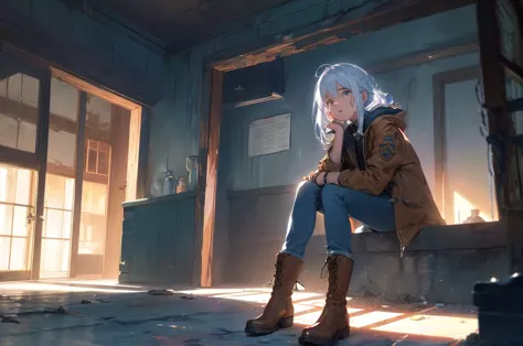 ((Suspense scenes ((Concept map)), Very detailed，girl in blue jeans,  brown jacket and boots )), ( Better Lighting ,  Better shadows , Extremely subtle and scary), ( digital illustration), ((4K )), [(dynamic angle at work,((1 girl)),White hair, (pretty fac...