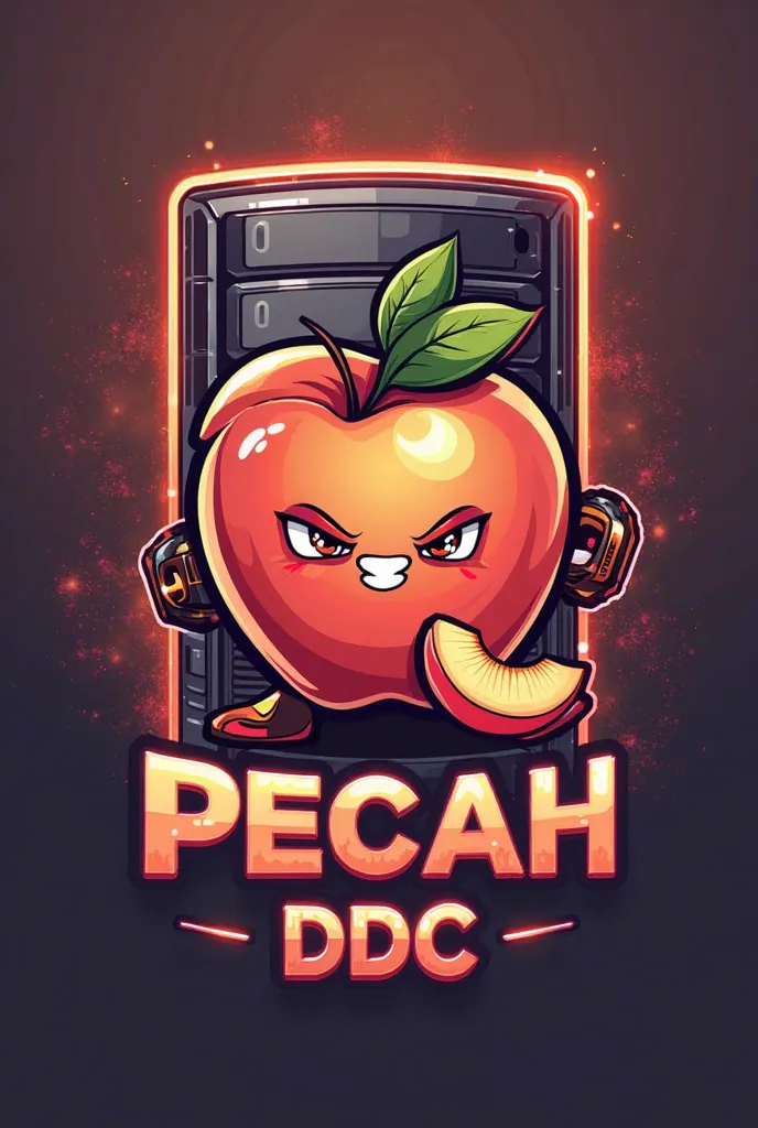 I want a Peach Tone Logo about a computer and it has a peach fruit as a mascot and has Background as a computer server. The store name is Pecah DDC. I want an aggressive Logo Font.