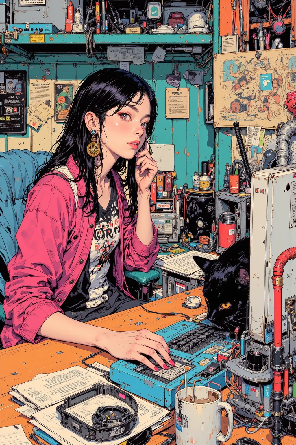   There is a picture of a woman sitting at her computer desk,   There is an ashtray and cigarette butts on the work desk  ,Kilian Eng. Moebius,   inspired by Tom Wesselman  ,  full color illustration ,    A clean illustration inspired by a skier  ,   Detai...