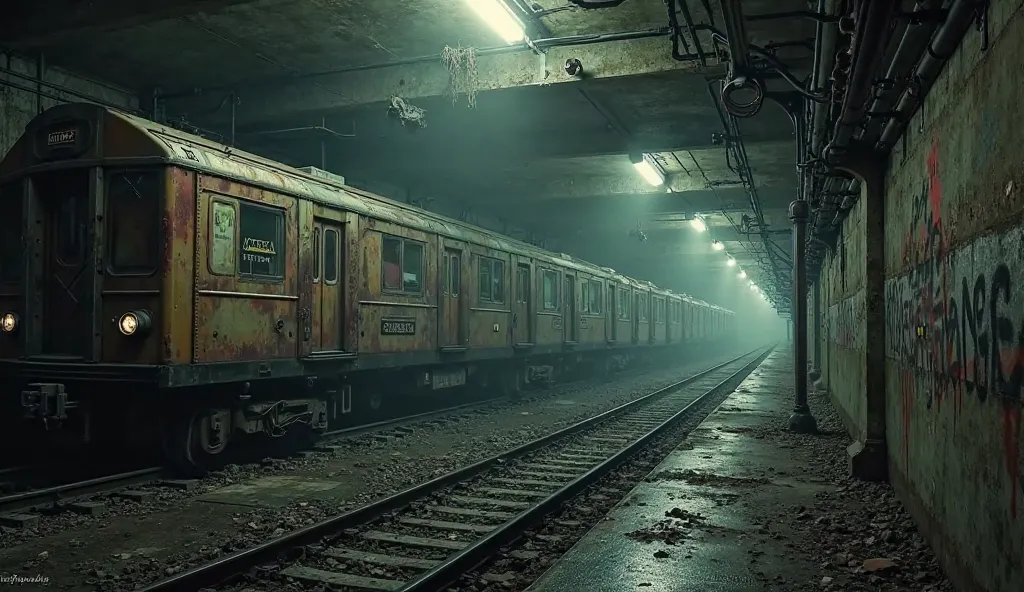 “A forgotten underground subway station, dim emergency lights flickering, tracks covered in dust, abandoned trains rusting away, deep shadows and mysterious atmosphere”