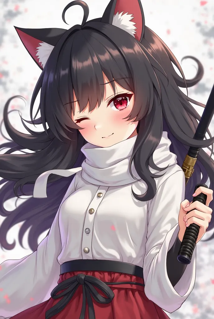  an anime girl , sleeping face, long fluffy black hair with several white curls, has small cat ears, red-eye, Caucasian, wearing a white shirt,  wearing , wearing black socks , has a white scarf, left hip wearing 1 katanaddor bar and 1 white katana 