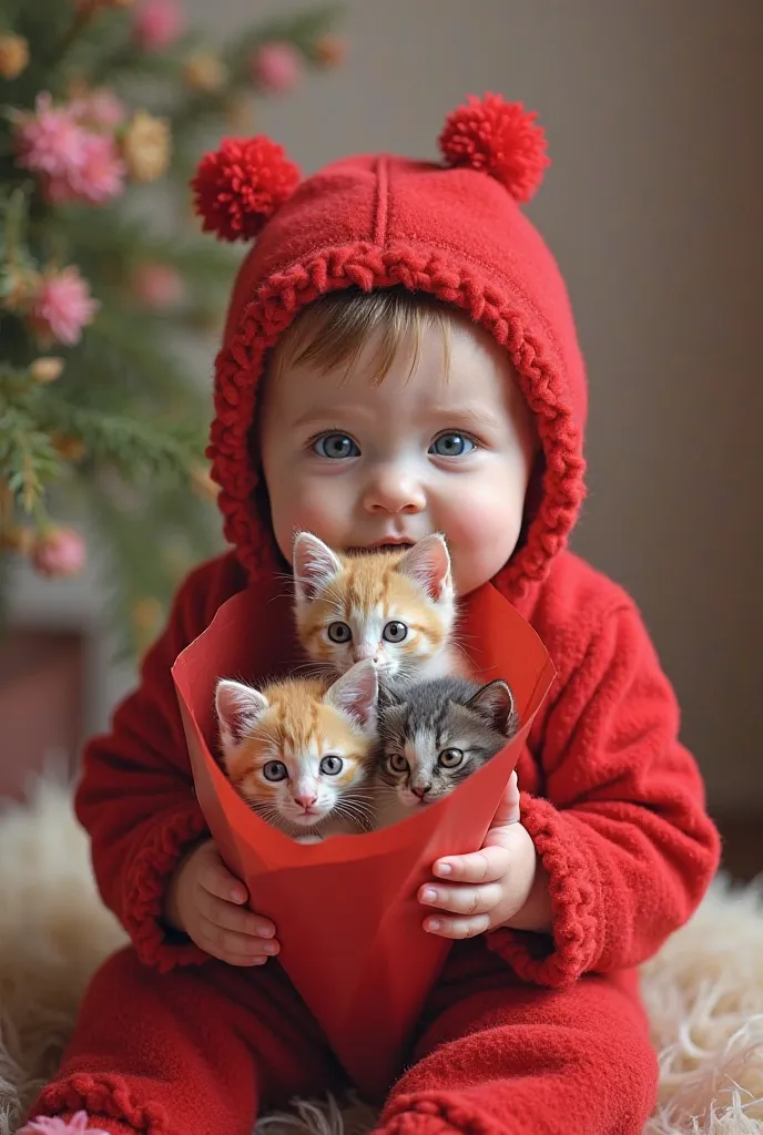 Un petit bébé trop chou habillé en costume rouge sous le sapin qui nous offre un bouquet de petits chatons tout colorés il y a 5 chatons dans le bouquet un rose un bleu un jaune un violet un blanc les chatons sont dans le papiers du bouquet ça paraît très ...