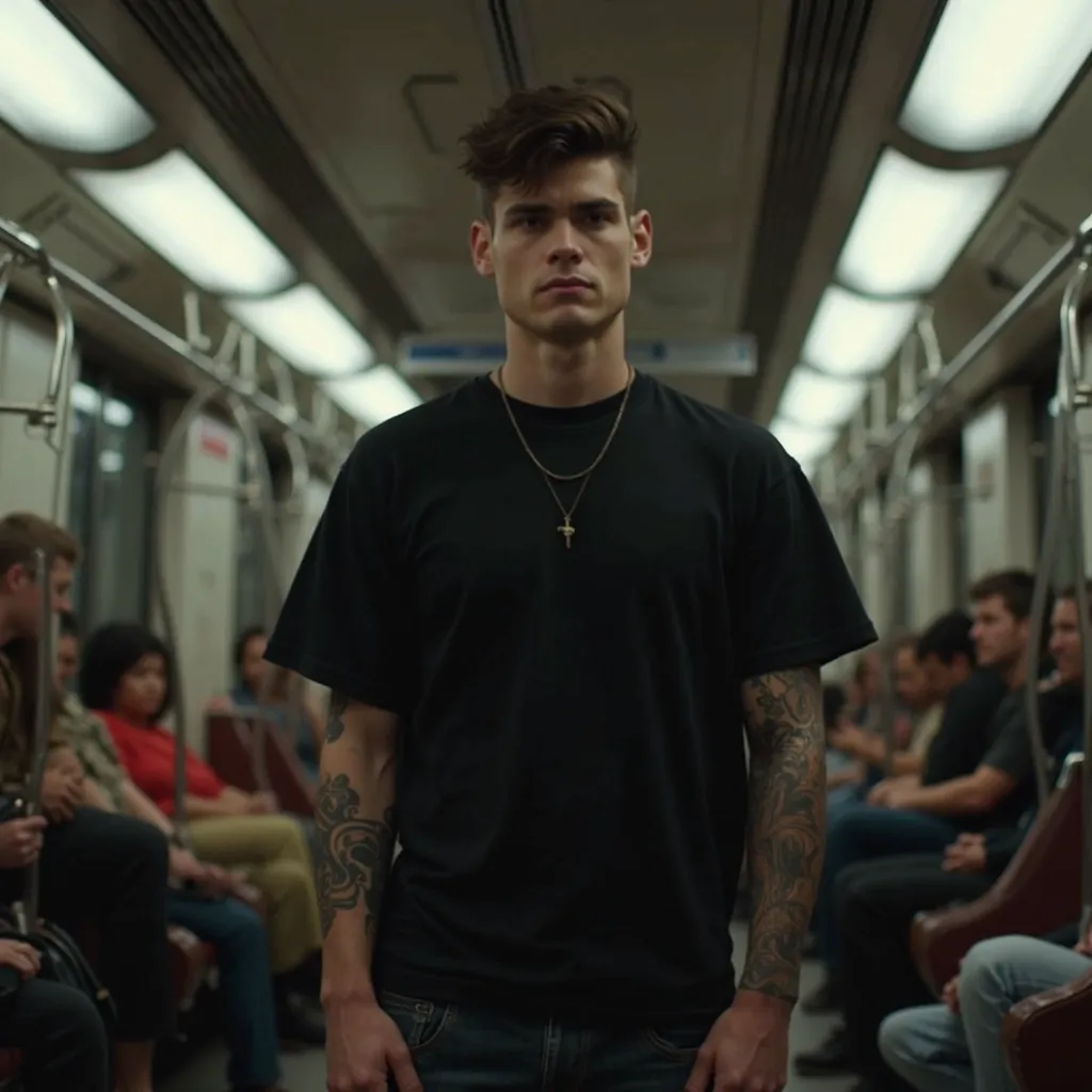 High definition image of a 20-year-old man with a tattoo on his arm Daytime image He is wearing a simple oversized black t-shirt and jeans with plenty of light and shadow on his clothes He is in a large subway car with his hand holding the handrail and som...