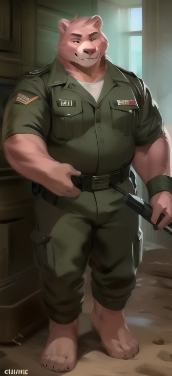  alone,  man big tall , stranding Military discipline,den, pink bear  ,black Green military Army uniform ,  Overweight ,  Muscle ,  smirking , by chunie 