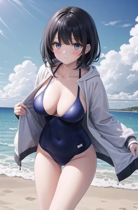  best illustration,  beach, A woman takes off her clothes and becomes a swimsuit, big, Chest enhancement,   black hair, shortcut, look embarrassed,  (1.2) is tall, beautiful legs, long legs, beautiful woman under hoodie、 black hairロングヘアー,big胸、