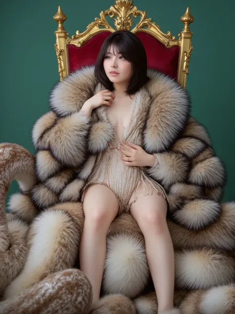  Highly detailed, ((4k image)), beautiful asian lady who is lamia, naga, snake queen is wearing a big fluffy fox fur coat with big fur collar,  surrounded by the huge plushie. She is sit at fur throne, her snake tail color is brown white and gold color, lo...