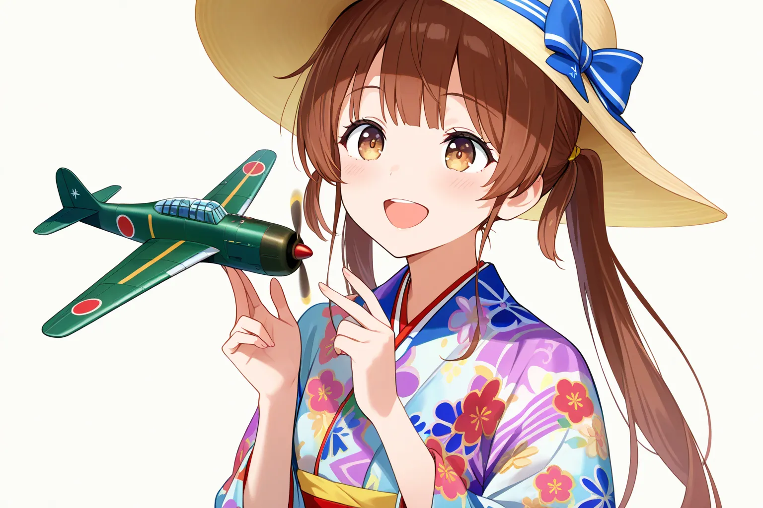 1 Girl, Dragon Ki  ( Fleet Favorites), alone,  brown hair,  double ponytail, Brown Eyes, Sun hat, agate,  open mouth ,  airplane ,  Smile, airplane, white background, Japanese clothing, simple background,  His Posts , upper body,  long hair