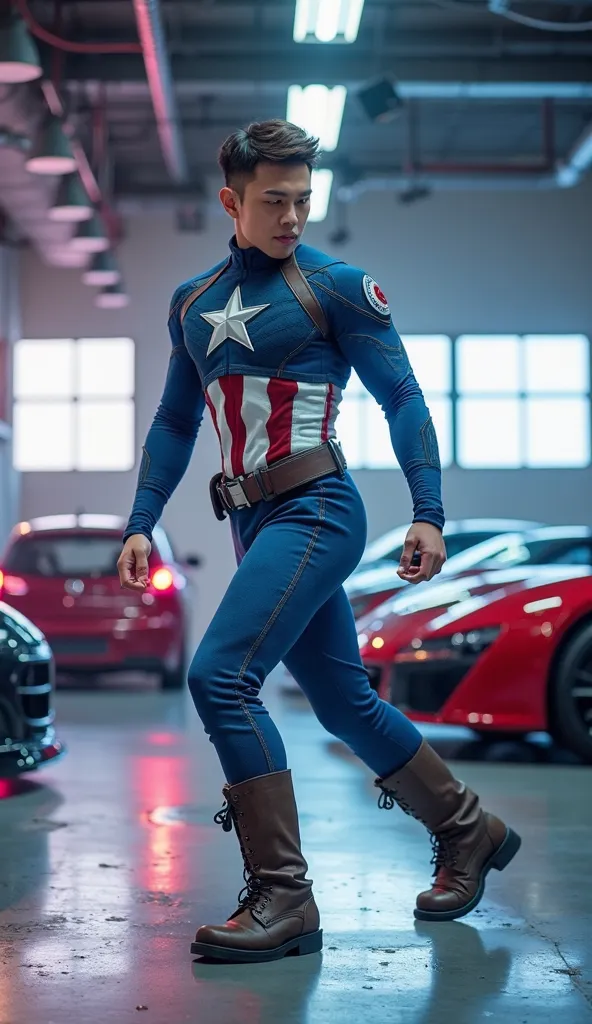 "Create a highly detailed image of Captain America dancing in a K-pop style, wearing his iconic blue suit with the white star logo on his chest. The scene is set in a large, well-lit car garage filled with luxurious cars parked in the background. The light...