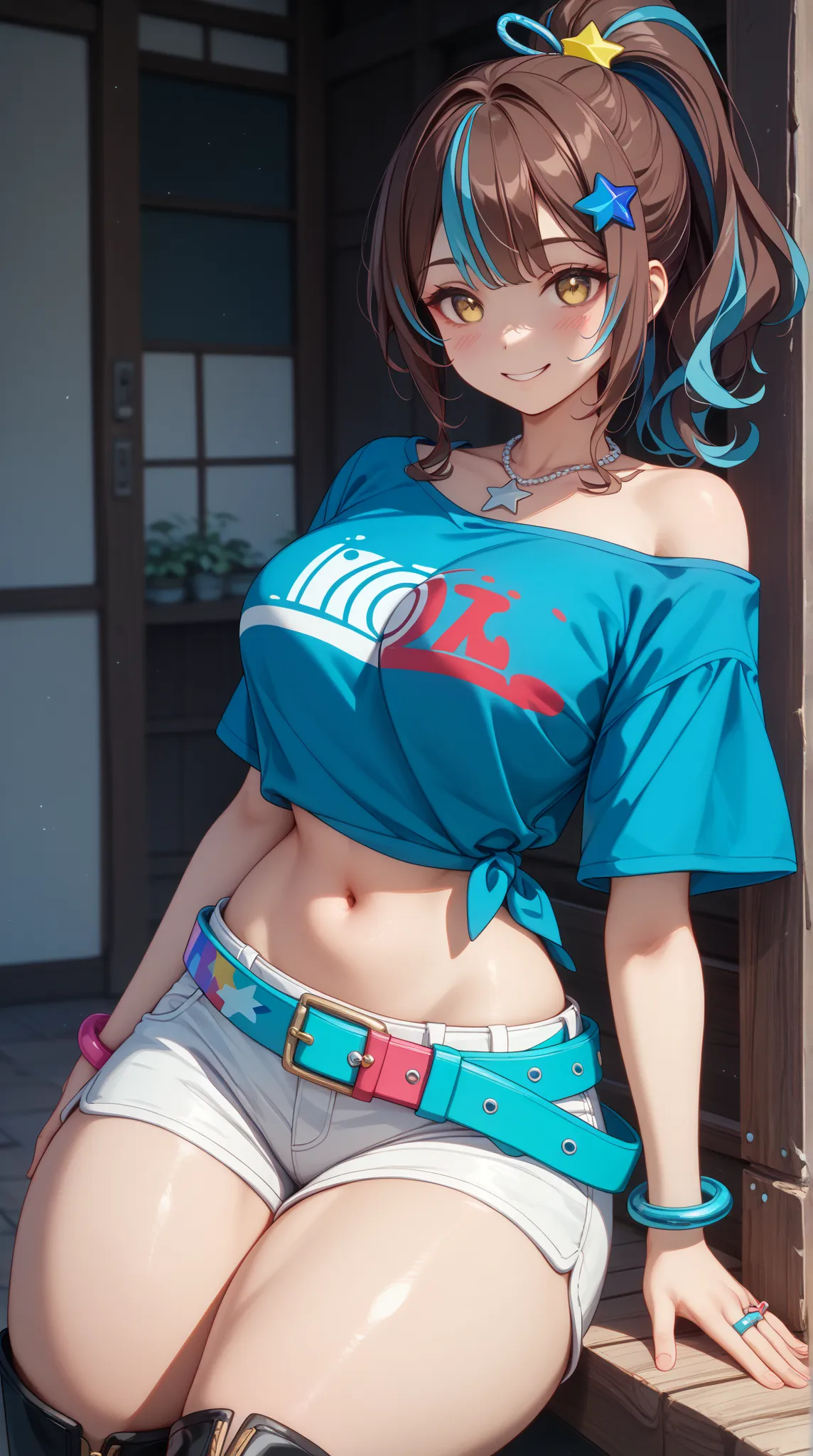 1 girl、Red dark brown hair、((blue streaked hair)), (blue highlights hair)、 star-shaped hairpin with bangs split to the right、 gal、((blue off-the-shoulder shirt))、(( White Hot Pants))、((white shorts))、square necklace、Fluorescent light blue ribbon ring on ri...