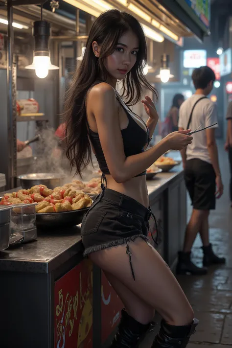 A gorgeous Pinay woman (lovely face, long dark hair, tiny tank top, big fake breasts, black short shorts, soft short black boots, slim, hourglass figure, nice hips and thighs, age 25), she is working at a food stand in the pleasure district cooking and sel...