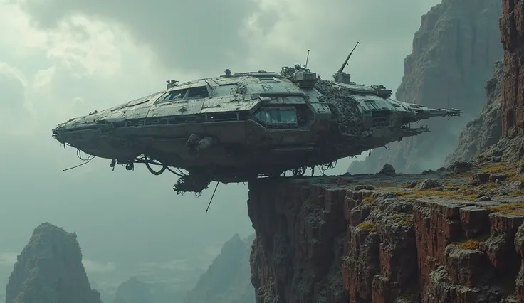 “A crashed spaceship hanging precariously over the edge of a rocky cliff, torn metal exposing inner structures, storm clouds forming, cinematic view from above”