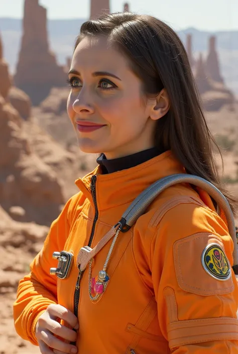 Alison Brie as a space colonist on an alien planet, tight bright-colored space suit, sexy, flirtatious smile, science fiction, cinematic, high detail