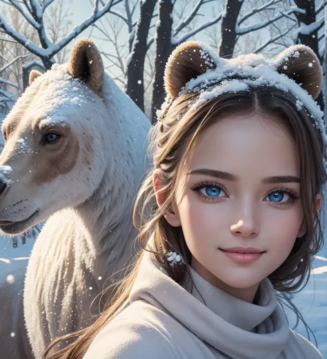 Beautiful Russian girl model wearing turtleneck, riding on the back of a standing bear in snow, snow,