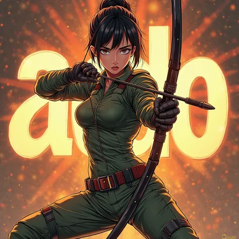 Image manga ultra-détailée, un femme militaire archer de la serie tv Solo leveling, posture de combat avec son arc et treillit millitaire. Écrit « ADO » en gros derrière elle avec les reflets de lumière éclatante dorée en arrière plan