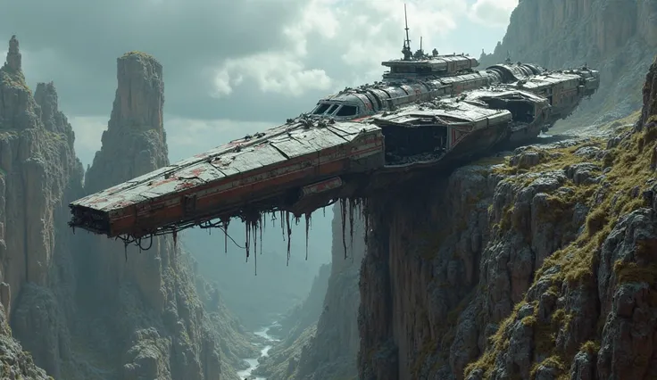 “A crashed spaceship hanging precariously over the edge of a rocky cliff, torn metal exposing inner structures, storm clouds forming, cinematic view from above”