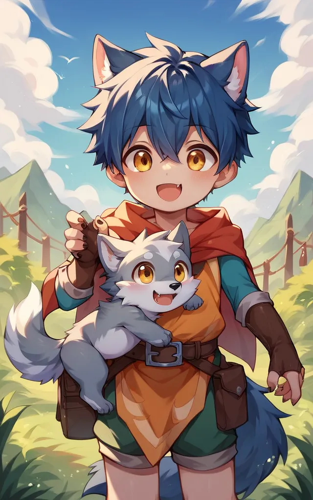  Shota， wolf personification ， cute， dark blue hair，gray-white body，golden eyes，Wear a mage costume，At home，Happy look，