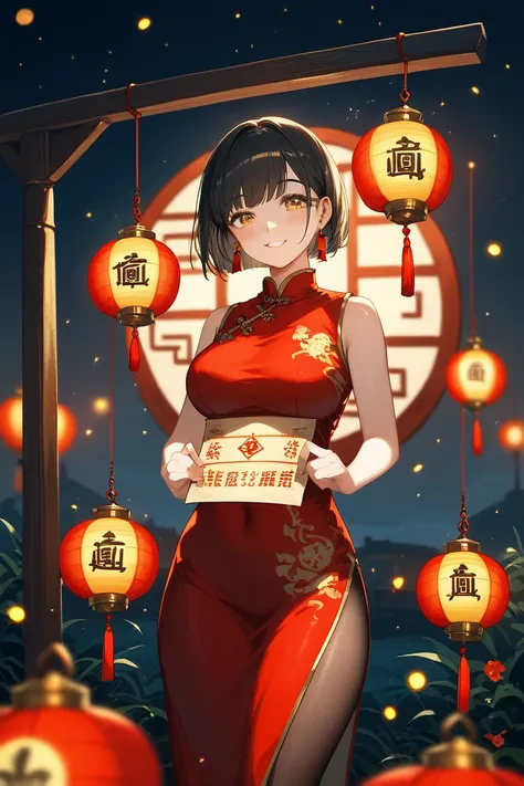 1 Girl, dark hair,  short hair, golden eyes,  bob cut, Full Bangs,  Ancient cheongsam, red cheongsam， big boobs,  Smile, blush, pantyhose,   red lantern ，dim light，antique lanterns，round lantern，Hibiscus lantern，Ancient style background, (Skin indentation ...