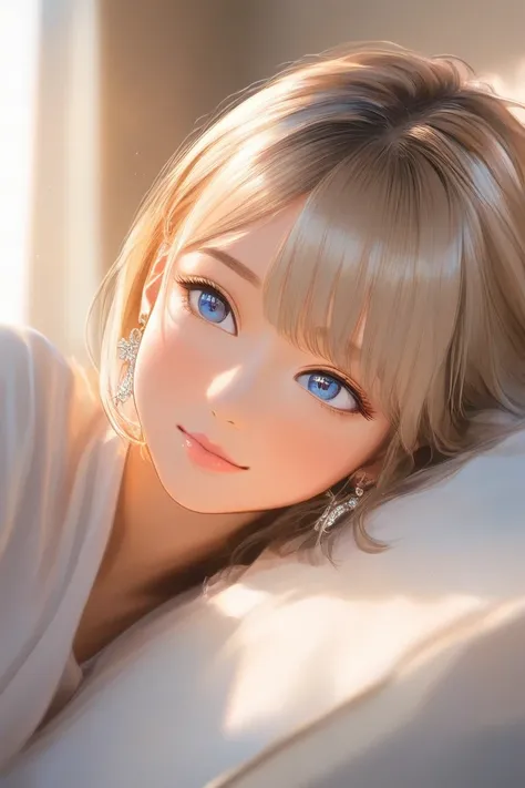 Portrait、Beige hair color bob hair、 blue eyes、earrings、 sleeping in bed 