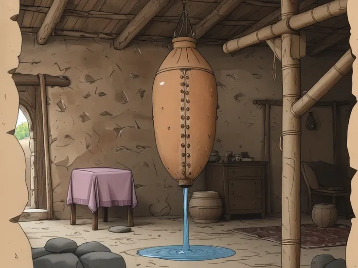 A cartoon of a leather water skin, used by Bedouins to collect water. The water leaks out of it and it does not store water well. It is hung on a pole inside a mud house in one of the villages of Riyadh.