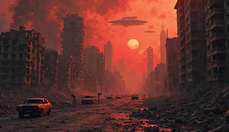 A view of a completely destroyed city, tall buildings collapsed with debris strewn in the streets.  black smoke billowing into the sky , the sky was deep red with the light of destruction. Several vehicles burned in the cracked streets, and the silhouette ...