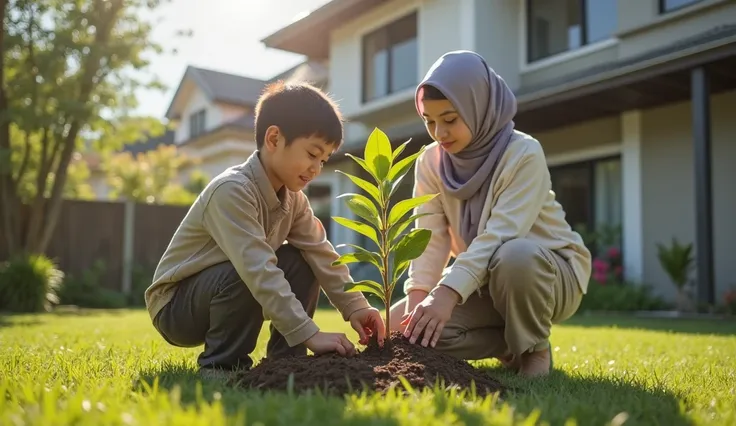 a boy planting a newly cempaka tree with his mother standing beside him. make it look like in the backyard and house. his mother is wearing hijab and blouse. the newly cempaka tree dont have flower on it.