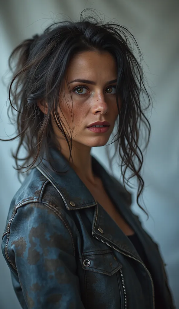 a 40 years old woman, flared jeans, leather jacket, t-shirt, covered in sludge, white background, detailed face, beautiful eyes, sexual tension, high quality, photorealistic, studio lighting, dramatic lighting, vibrant colors, dynamic pose, cinematic, inte...