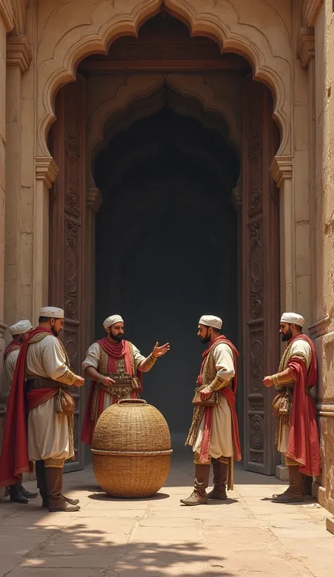 "A realistic depiction of Mughal guards casually inspecting large baskets before allowing them to pass through the heavily guarded corridors of Agra Fort. The guards appear relaxed, unaware of the hidden secret inside the baskets. The massive stone walls a...