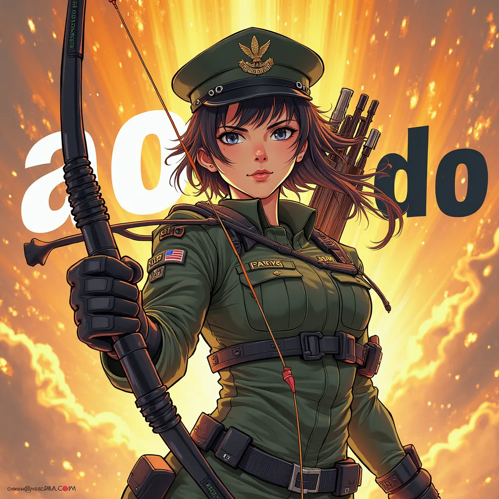 Image 3D manga ultra-détailée, un femme militaire archer de la serie tv Solo leveling, posture de combat avec son arc et treillit millitaire. Écrit « ADO » en gros derrière elle avec les reflets de lumière éclatante dorée en arrière plan, ton or