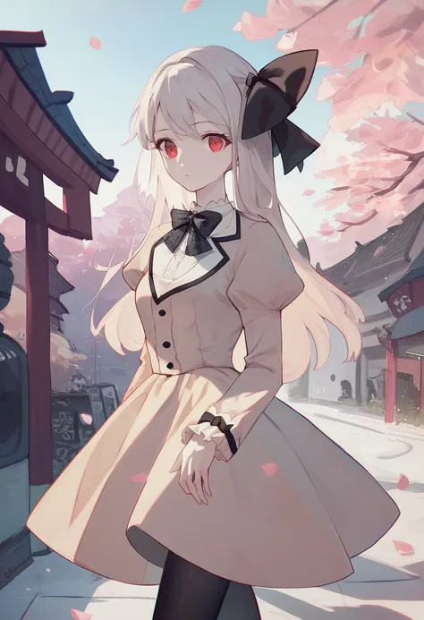 check_9, check_8_ upwards, check_7_ upwards, check_6_ upwards, check_5_ upwards, check_4_ upwards,  BREAK source _anime, 1girl, One, outdoor, street, cherry blossoms, cowboy shot, Looking at the viewer, sakurakoji, red eyes, pale skin,  white hair, long ha...