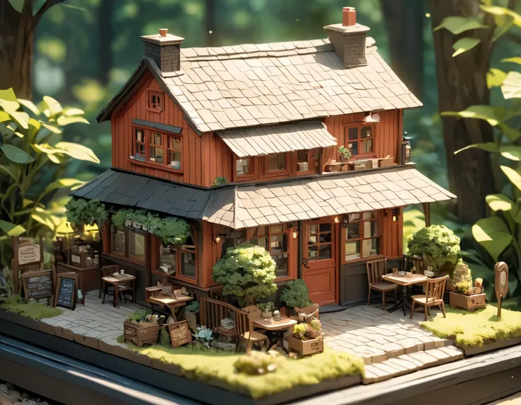 ( miniature house),(exquisitely crafted), in the woods,(Cute coffee shop)