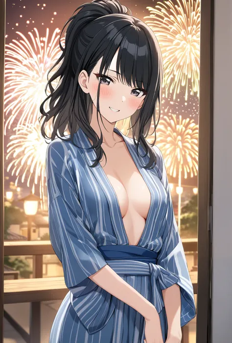 Alone, one girl, (Hiori Kazano), (cowboy shot), Ponytail, black hair,  dark eyes, hair between eyes, small breasts, cleavage, (Blue yukata), (shy:1.1), (blush), (smile), ( Fireworks),  score_9,  score_8_superior,  score_7_superior,  source_ anime, (best qu...