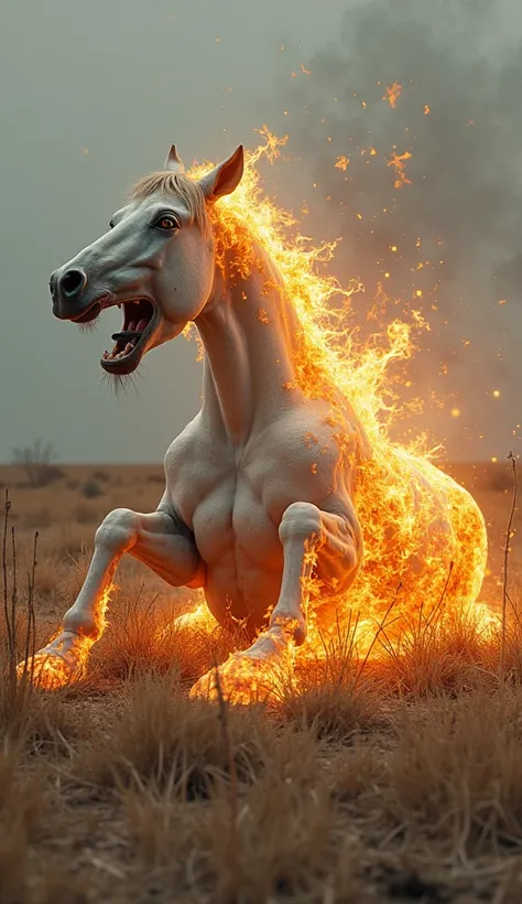 Ek white horse jiski body par fire lagi hai or horse pain se shouting kar raha around sukhi ghass hai image horse sit down hai