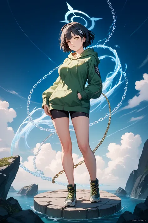 yellow eyes all the way to the tip　medium short
Hair is barbed outward　Halo　 blue archive style    　Full body chain 　Big Breasts　human　 black hair　 green hoodie