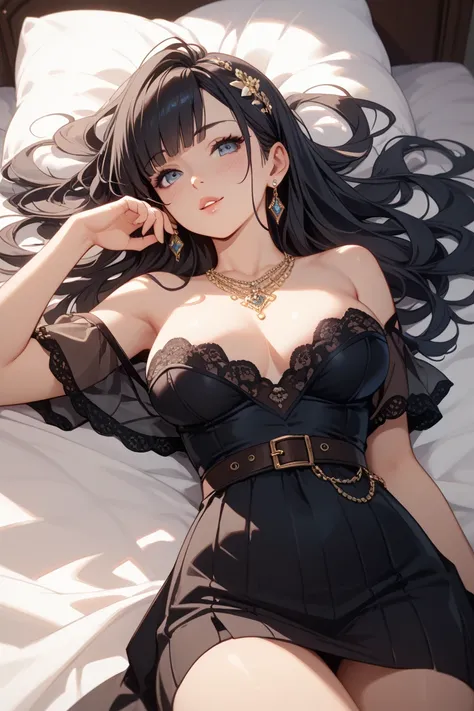 A beautiful young woman with long black hair and fair skin, lying on a bed in a dimly lit bedroom. She is wearing an elegant black off-shoulder dress with a belt, giving her a sophisticated yet melancholic appearance. Her eyes are slightly downcast, and he...