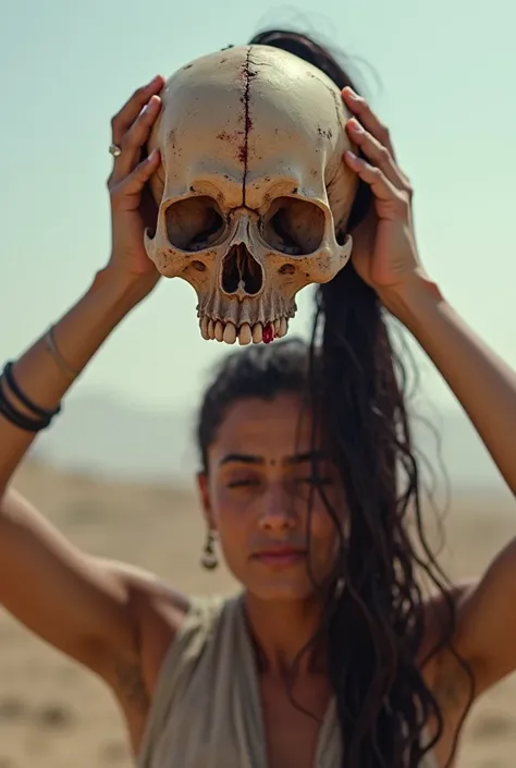 A man in Afghanistan lifts the bloody skull of a beautiful actress who was beheaded by a hair， raised above the ground .  Severed Skull Has a Dark and Long Drooping Ponytail Hairstyle ,  The mark on her forehead was just right between her eyebrows , Eyes c...