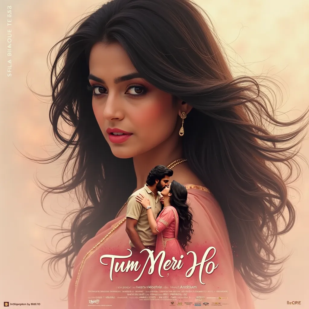 A stunning romantic Bollywood-style movie poster for 'Tum Meri Ho.' The main focus is on a beautiful woman’s face with long black hair flowing in the wind, depicted in a larger size as an artistic overlay (double exposure effect). Inside her hair silhouett...