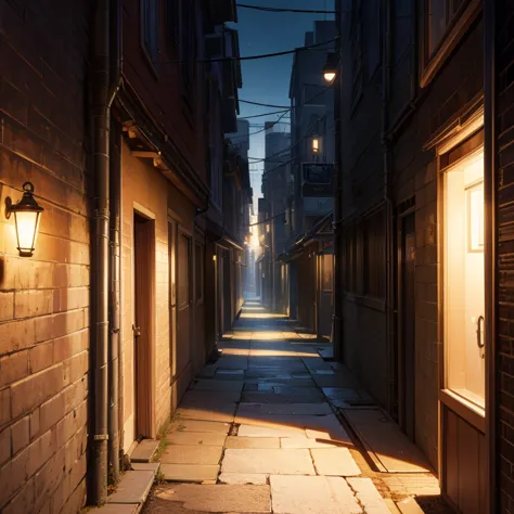 Quiet city alleyway at night, soft light from nearby lamp street,