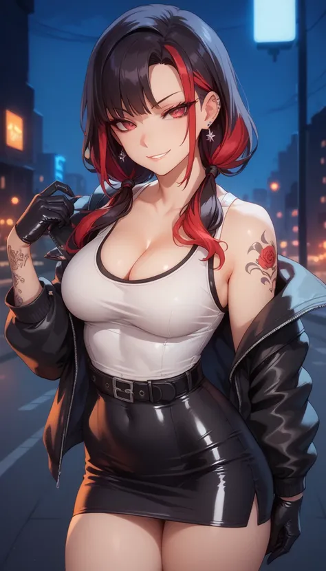 Sexy anime girl, age 17, black and red multi coloured hair, low twin tails, red eyes, no bra, tight white tank top, black latex jacket, short latex pencil skirt, black belt, ear piercings, tattoos on hands, cleavage, medium breasts, medium thighs, perfect ...